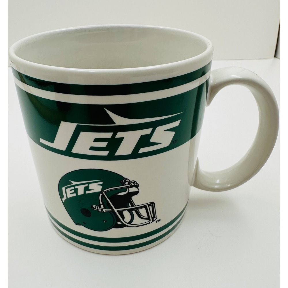 90s Vintage New York Jets NFL Coffee Mug Russ Berrie & Co White Green Helmet